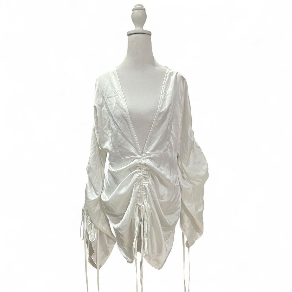 White Satin Plunge Ruched Front Dress